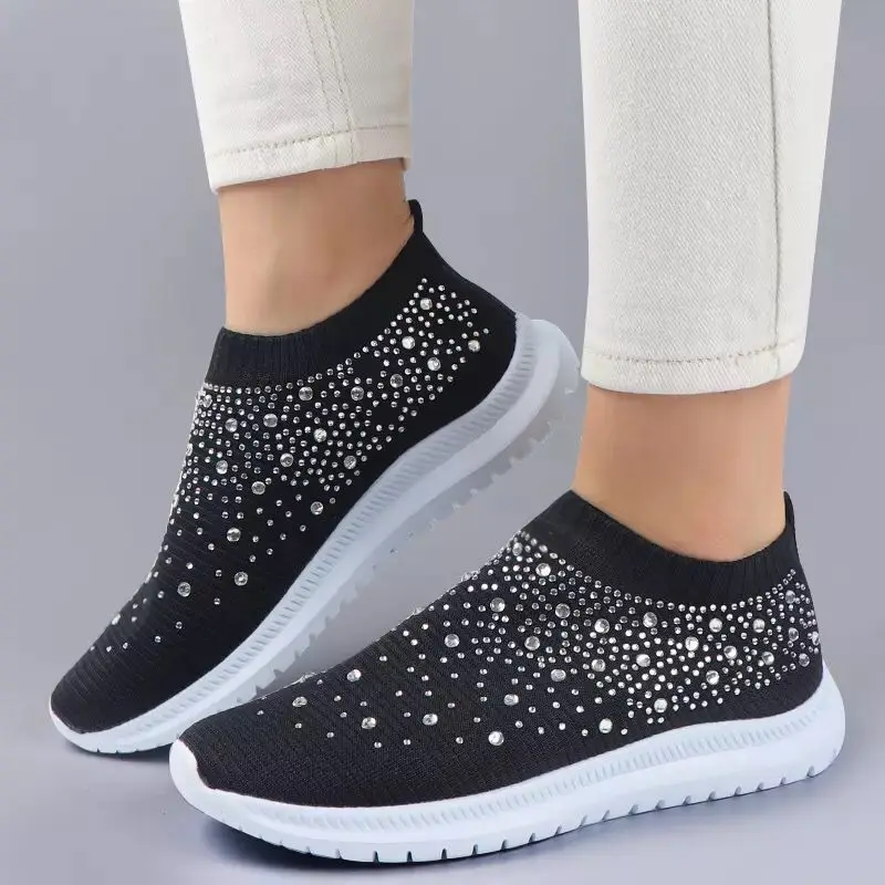 

2021 Vulcanized Shoes Sneakers Women Trainers Knitted Sneakers Ladies Slip-on Sock Shoes Sparkly Crystal Zapatillas Mujer Casual