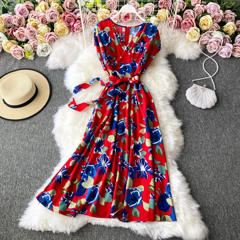 

Women Party Dress Floral Print V Neck Lace Up Mid-calf Dresses Vintage Summer Big Swing Chiffon Dress Vestidos De Mujer