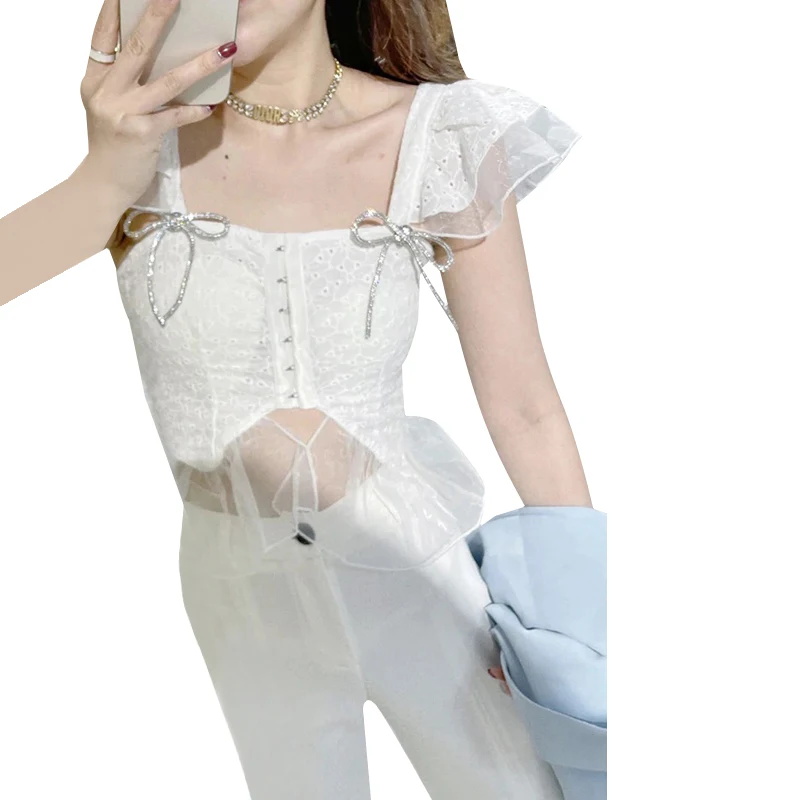 Summer net yarn embroidery ruffles women's off-shoulder tops double-shoulder vests 2021New bow fashion pullovers bra XL