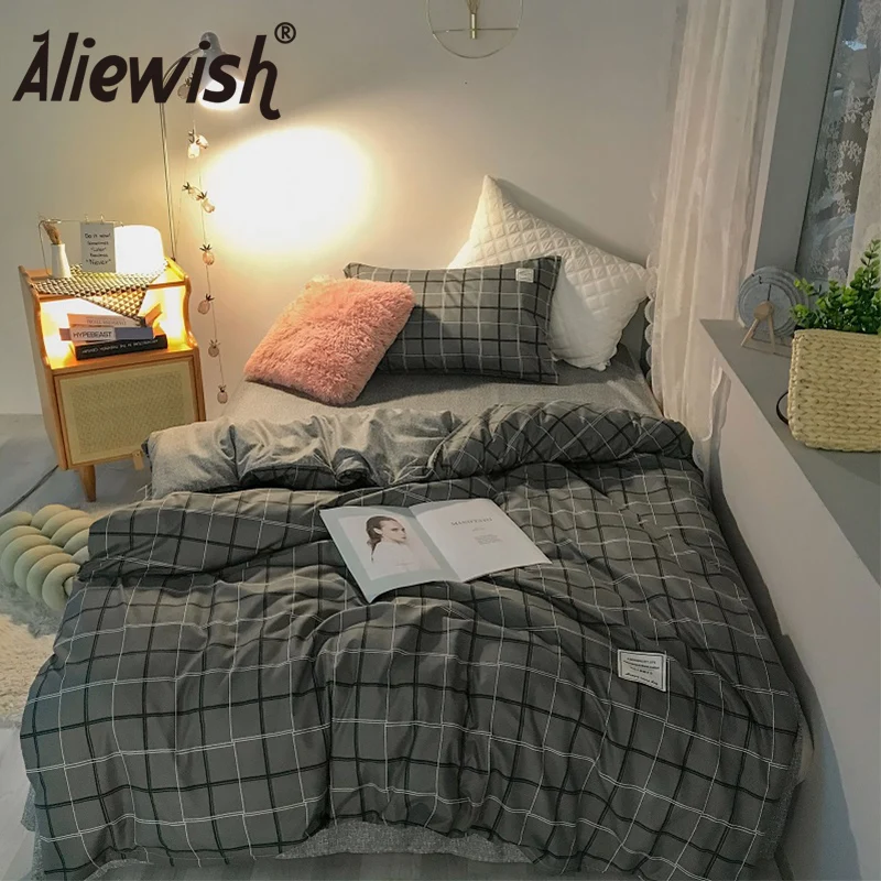 

Modern Printed Lattice Bedding Set Home Solid Color Duvet Cover Pillowcase Flat Bed Sheet Single King Size Bedlinens Bedclothes