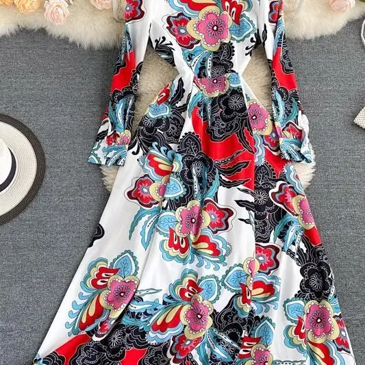 

Women's Long Sleeve O Neck Vintage Floral Dress Summer Autumn Streetwear Holiday Long Dress Ladies Elegant Holiday Vestidos
