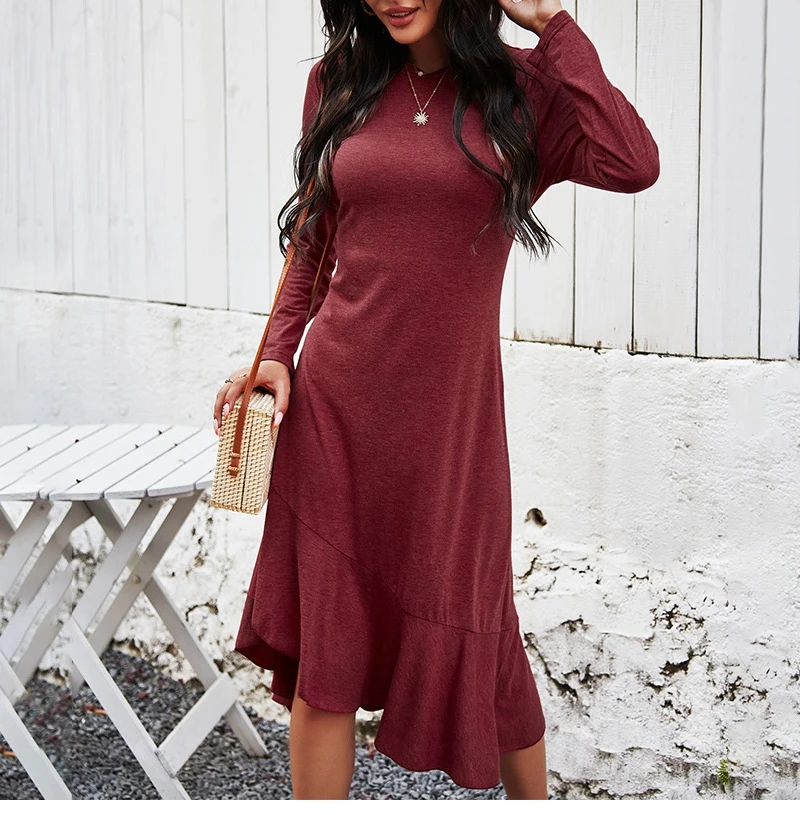 

Elegant Solid Color Dress Women Casual Full Sleeve High Waist Sexy Spring Dress for Women New Fashion