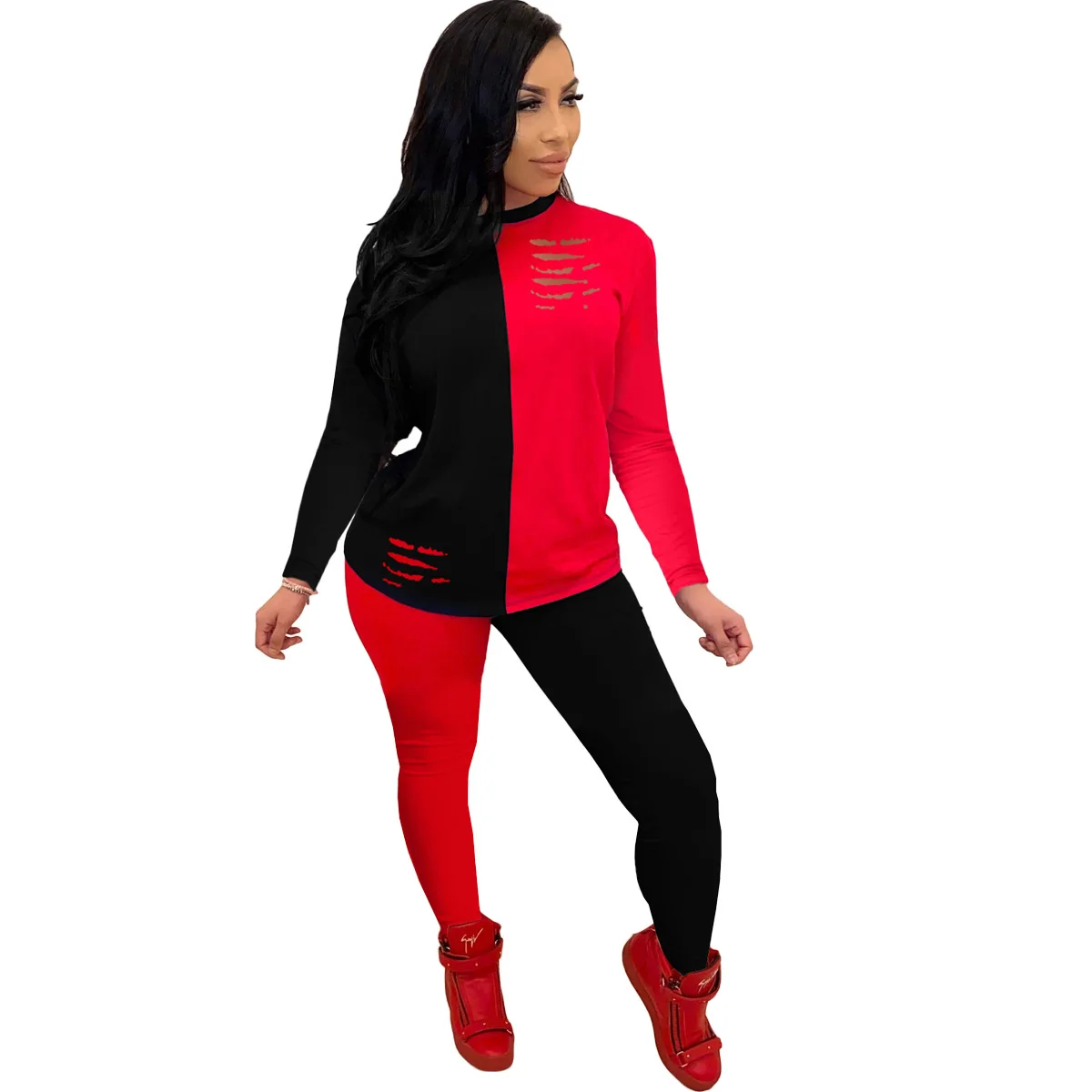 

European and American spring and autumn casual women's two-piece sexy personality trend long-sleeved color matching sports suit