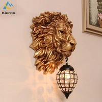 european domineering lion head resin crystal iron art wall lamp living room bedroom study decor wall lamp hotel club wall lights