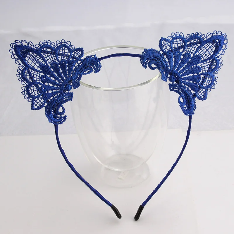 P1-blue Женские эластичные повязки на голову модные черные кружевные кошачьи ушки повязка на голову свадебные фотографии портретный стиль обруч для волос аксессуары для волос - Цвет: P1-blue