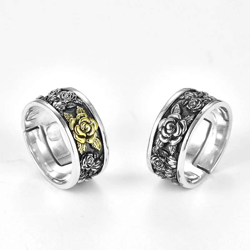 

Новинка, модное Открытое кольцо для пар в стиле ретро Ruibeila с цветком розы золотого и серебряного цвета, регулируемый размер, ювелирные изделия для мужчин и женщин из серебра 925 пробы
