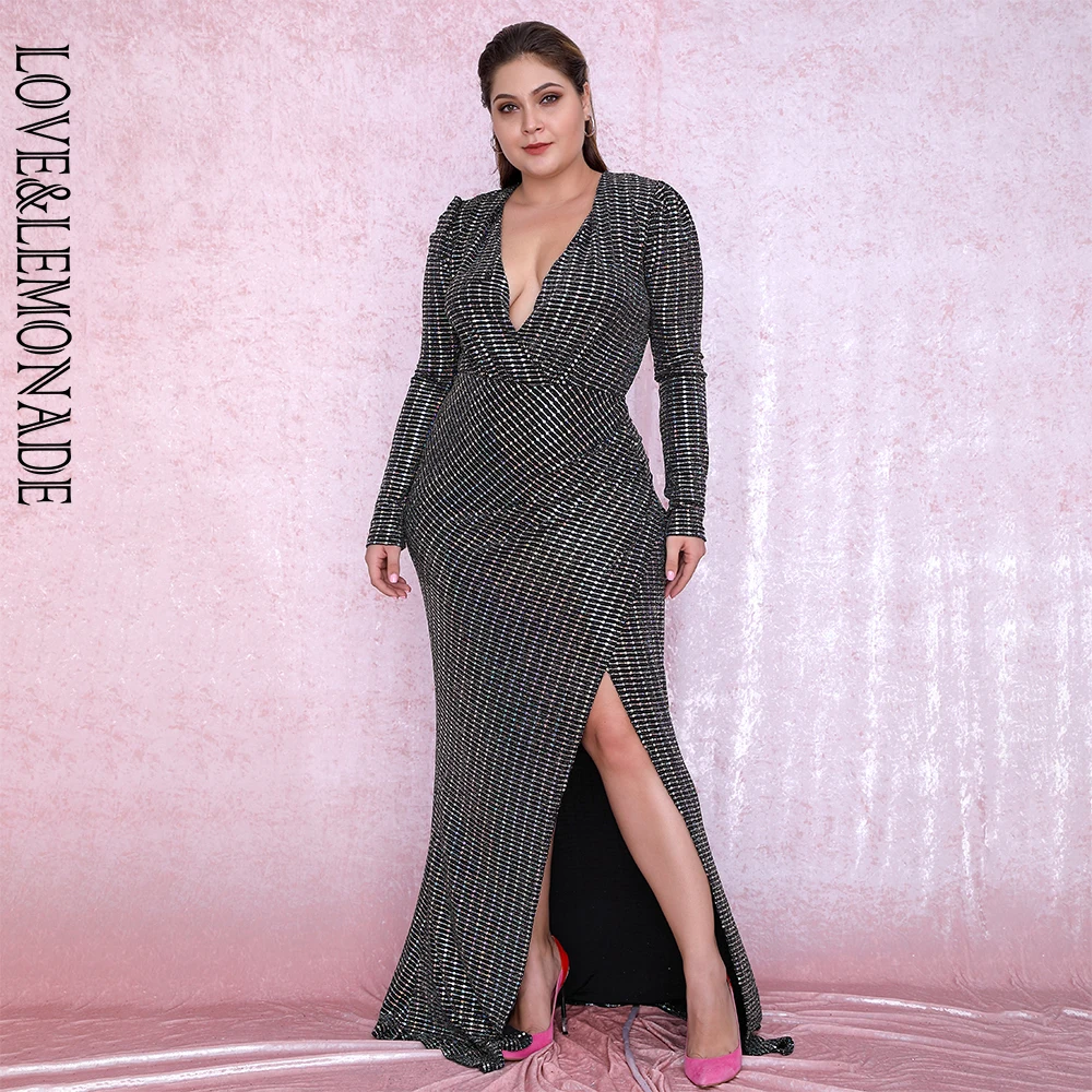 LOVE& LEMONADE размера плюс серебро глубокий v-образный вырез пышные рукава блеск эластичный материал Макси платье LM81715PLUS осень/зима