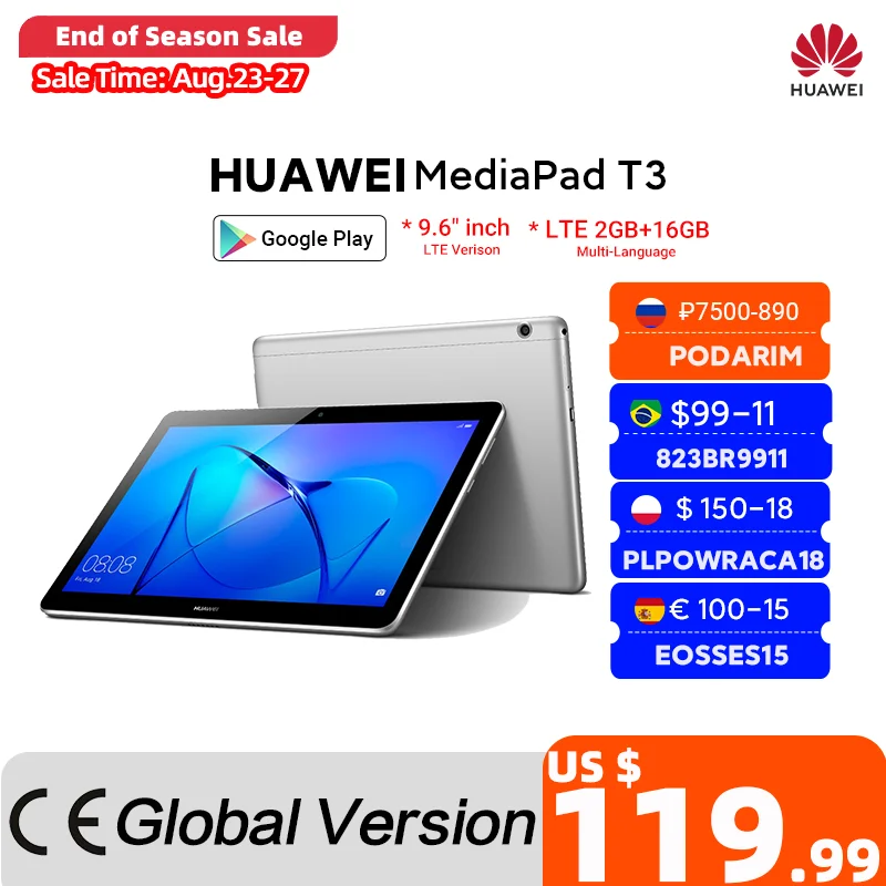 

【CODE:PODARIM 7500-890₽】 Женский Планшет Huawei MediaPad T3 10 LTE 2 Гб 16 Гб 9,6 дюймов T3 Qualcomm MSM8917 quad-core A53 Android 7,0 pad T3