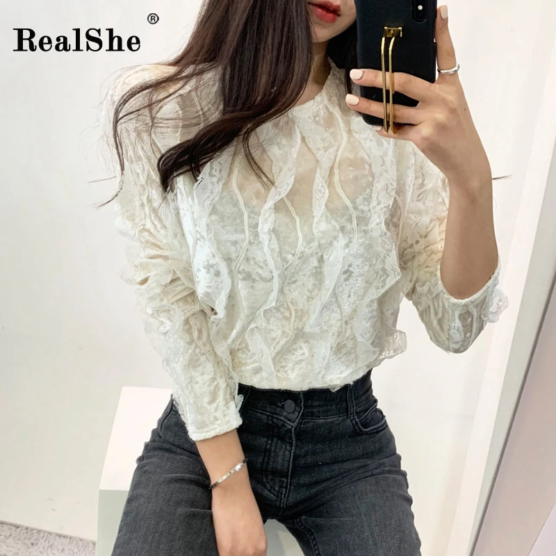 RealShe кружевная женская блузка с круглым вырезом и длинным рукавом однотонная