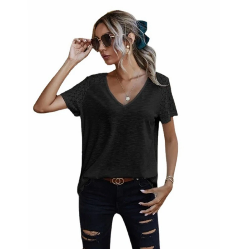

WEPBEL T-shirt Women's Casual Solid Color Stitching Loose T-shirt Summer Fashion Lace Short Sleeve V-neck T-shirt Top
