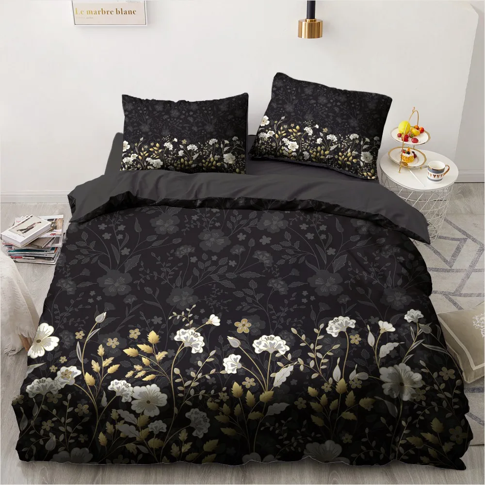 

3D Figure Beddings Custom Design Flower Duvet Cover Sets Black Bed Linen Pillow Cover King Queen Super King Twin Size 160*200cm