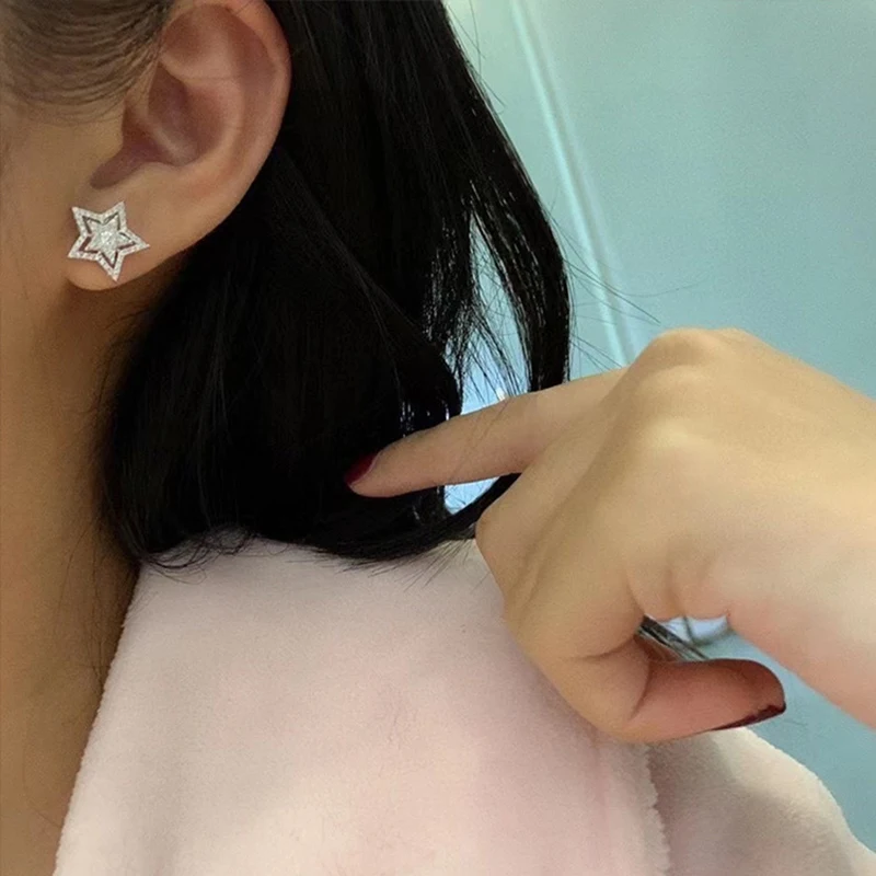 

New Fashion Star Stud Earrings Hollowed Design Inlay Shiny Small Zircon S925 Silvery Fine Jewelry For Women Party Birthday Gifts