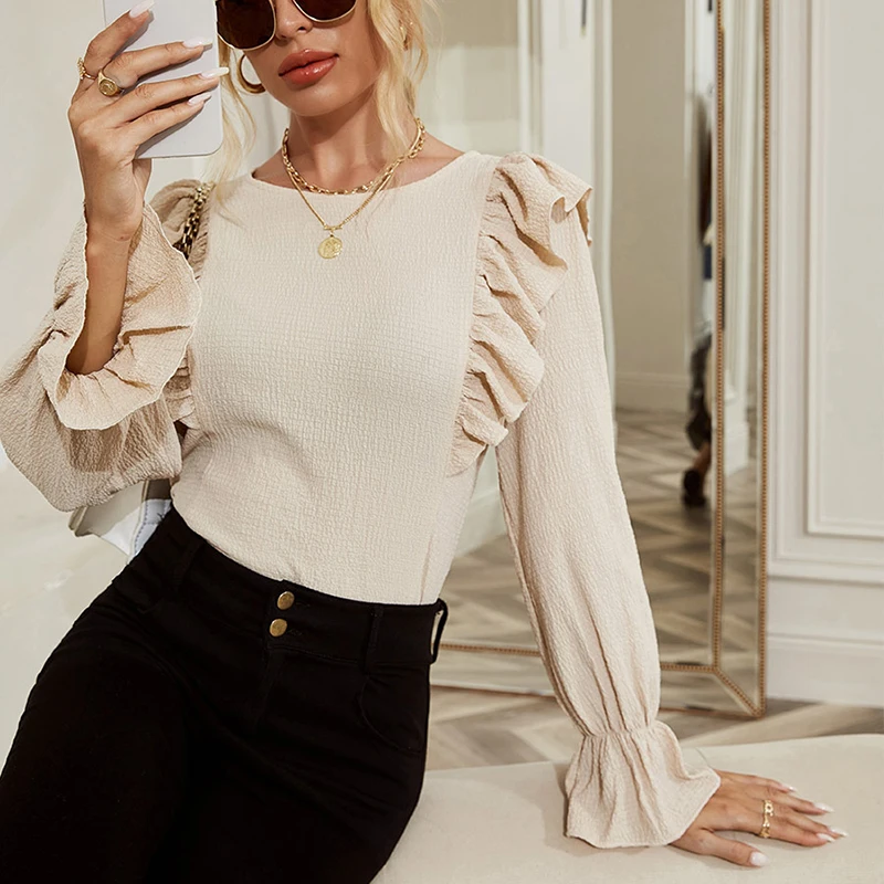 

Женская блузка с оборками, однотонная Повседневная Базовая рубашка абрикосового цвета с длинным рукавом, модель SJ8684V в стиле Харадзюку на в...