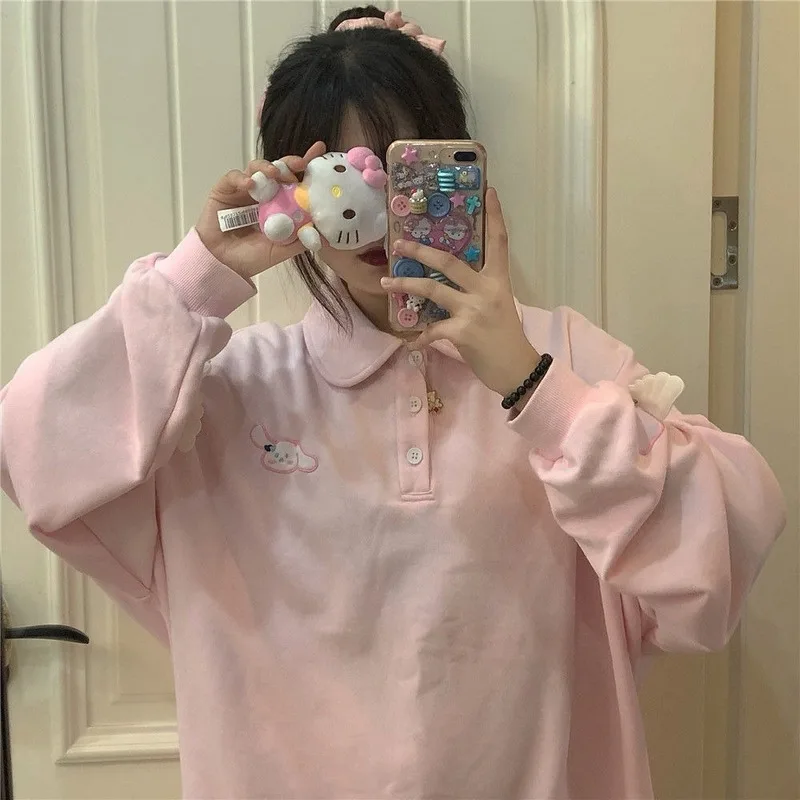 

QWEEK 2021 Spring Japanese Kawaii Hoodie Women Harajuku Pink Cute Bunny Cartoon Embroidery Plus Size Hoodies with Buttons Polo