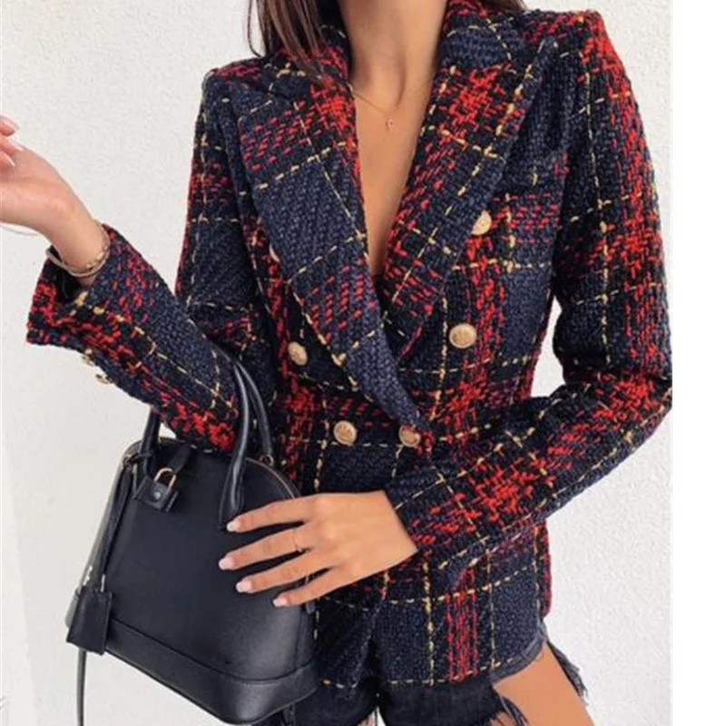 Женский двубортный твидовый костюм винтажный Красный Клетчатый блейзер с