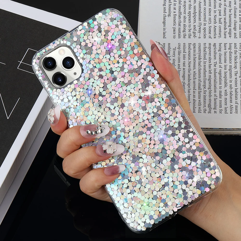 LAPOPNUT Luxury Sequins Glitter Phone Case for Iphone 11 Pro Xr Xs Max X 8 7 Plus 5E 2020 Shockproof Soft TPU Bumper Cover |