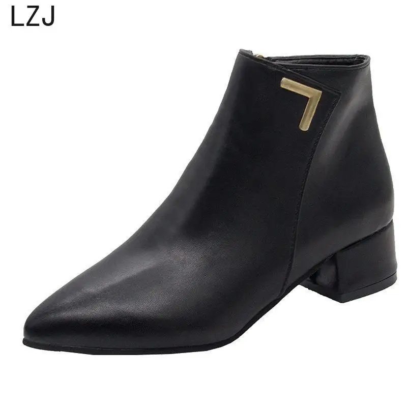 

LZJ Fashion Women Boots Casual Leather Low High Heels Spring Shoes Woman Pointed Toe Rubber Ankle Boots Black Red Zapatos Mujer
