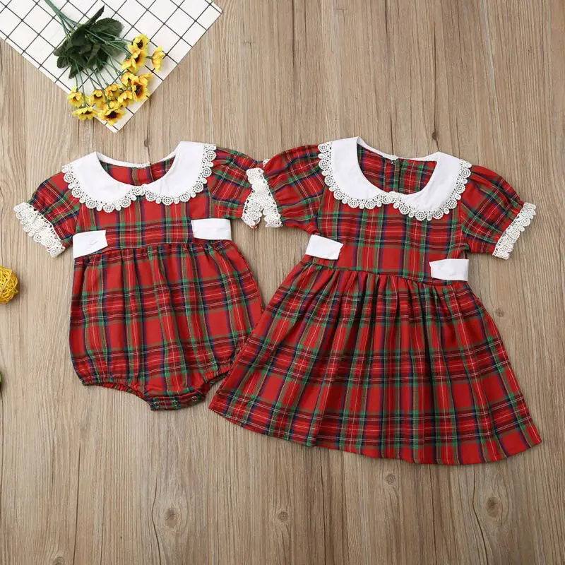 Big/Little Sister Matching Christmas Clothes Kids Baby Girl Red Plaid Romper Dress Princess Child Xmas Clothing 0-6Y |