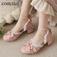 coolulu two piece high heels ankle strap women lolita shoes bow block heel cosplay pumps buckle female footwear sweet white 48