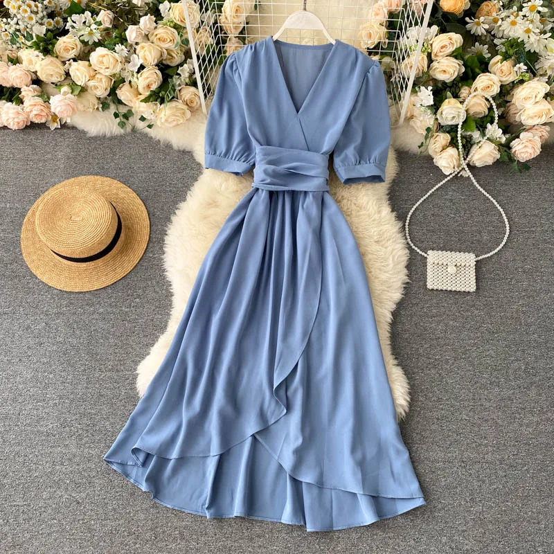 

Women Elegant Dress New 2021 Summer Sexy V Neck Puff Sleeve Midi Dresses Ladies Casual A-line Slim Dress Vestidos