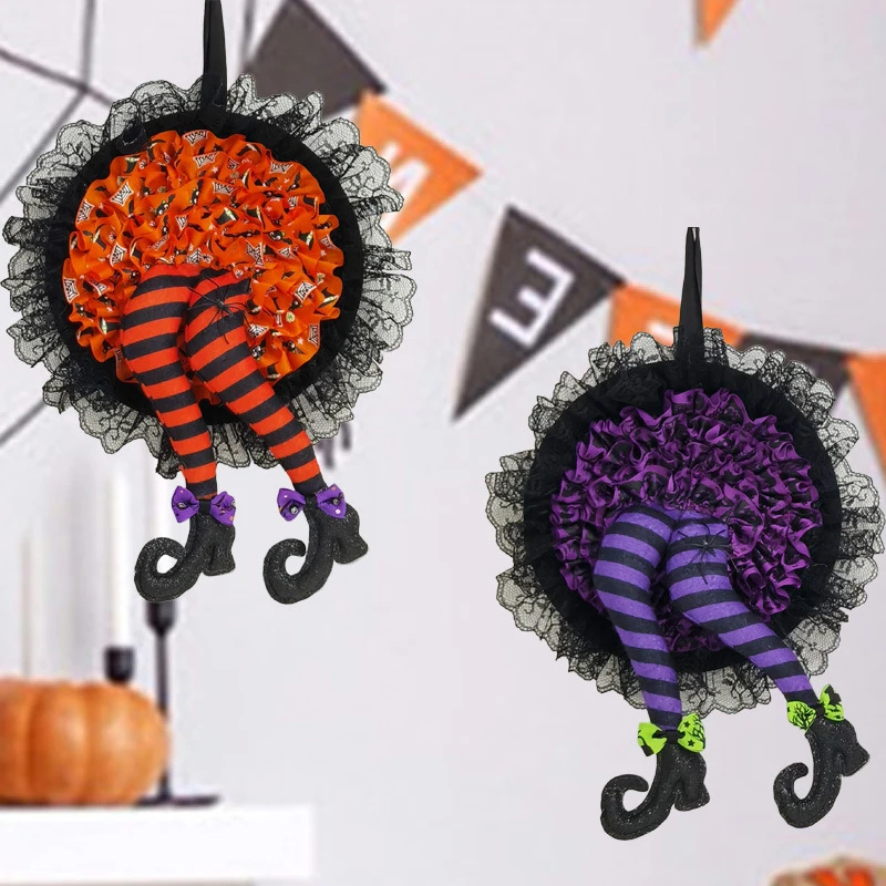 

Halloween Witch Legs Wreath Novelty Front Door Hanging Ornament Creative Party Decoration for Home Bar Haunted House LBE