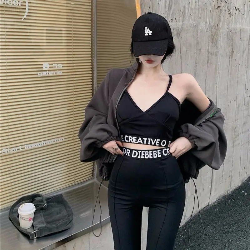 Fashion Autumn Women Tracksuits Sling Pullovers &amp Elastic-Waisted Pants Zipper Coat Female 3 Piece Suit Set 2021 |