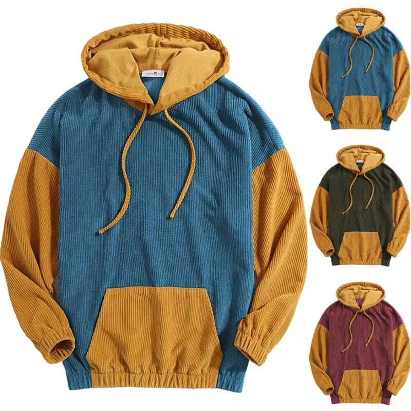 

Men's Corduroy Sweater College Style Sweatshirt Youth Fashion Hooded Long-sleeved Sweater Top Man Hoodies
