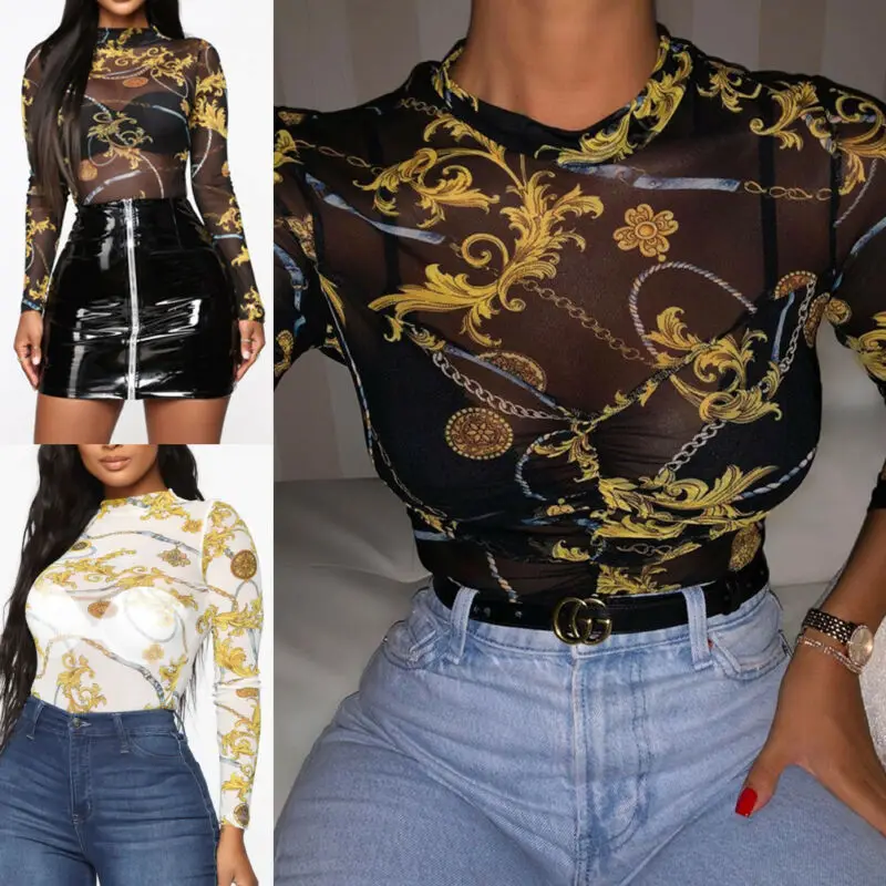 Модные сексуальные женские топы ажурная Сетчатая футболка с высоким воротником