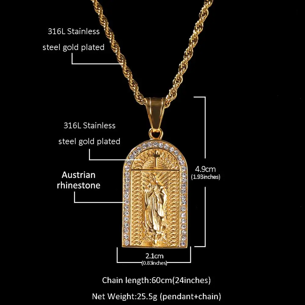 

Religious Virgin Mary Church Square Pendant Stainless Steel Catholic Necklaces & Goth Pendants Gold Guban Chain Jewelry