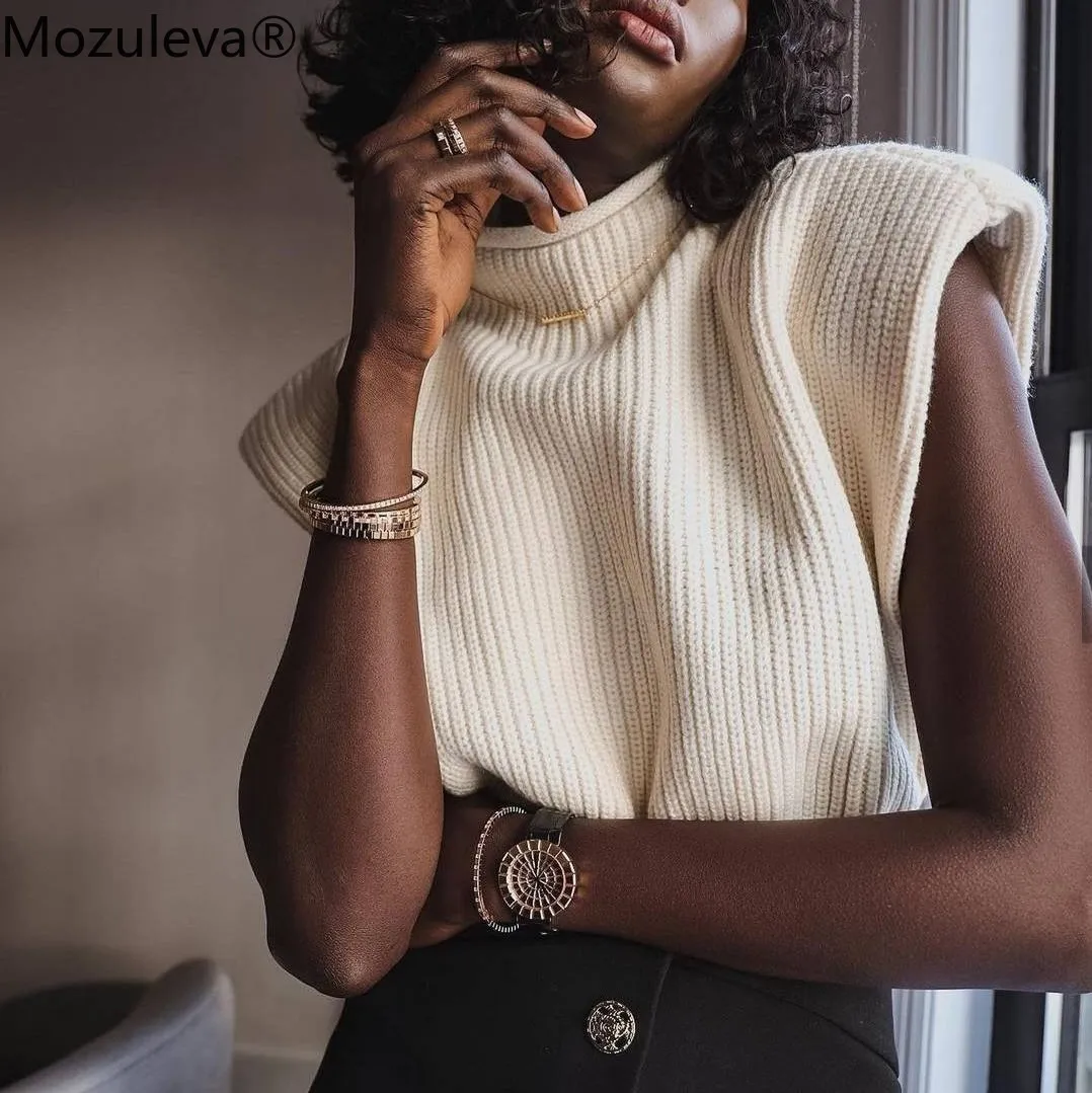 Mozuleva 2021 Autumn Winter Women's Dress Solid Color Sleeveless High Collar Casual Shoulder Top Sweater Turtleneck | Женская одежда