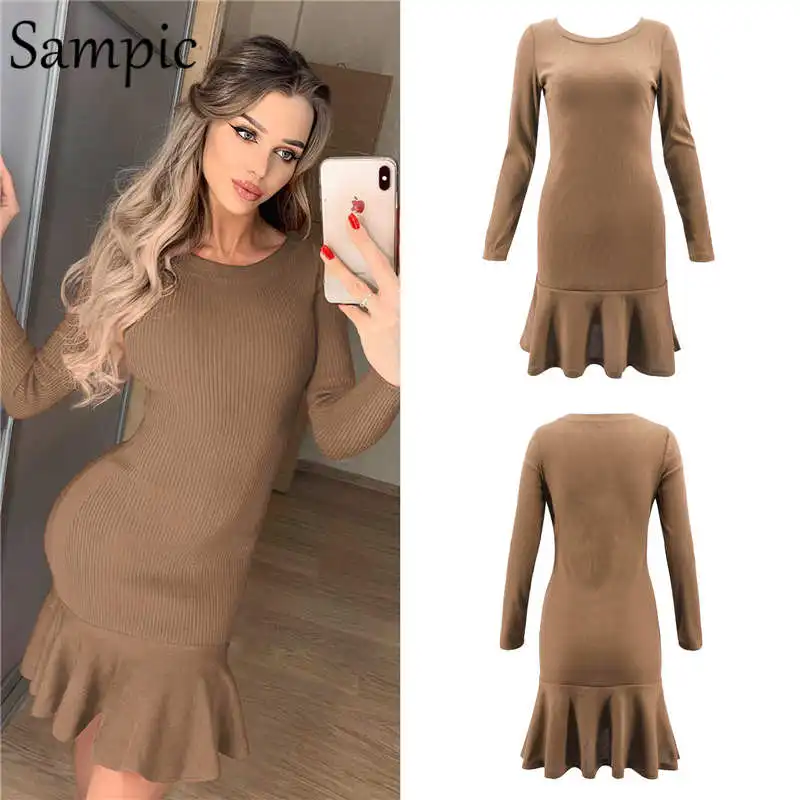 Khaki Sampic женское облегающее Круглая горловина вечерние зимнее платье элегантный оборками обернуть клуб осеннее платье с длинными рукавами - Цвет: Khaki
