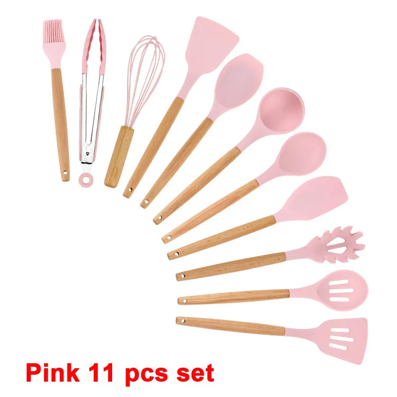 Pink 11 pcs set Набор кухонных силиконовых кухонных принадлежностей с антипригарным шпателем лопата с деревянной ручкой набор кухонных инструментов с ящиком для хранения кухонные инструменты - Цвет: Pink 11 pcs set