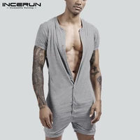 incerun fashion men pajamas rompers homewear short sleeve button slim sleepwear jumpsuit 2021 solid mens playsuit pyjamas s 5xl