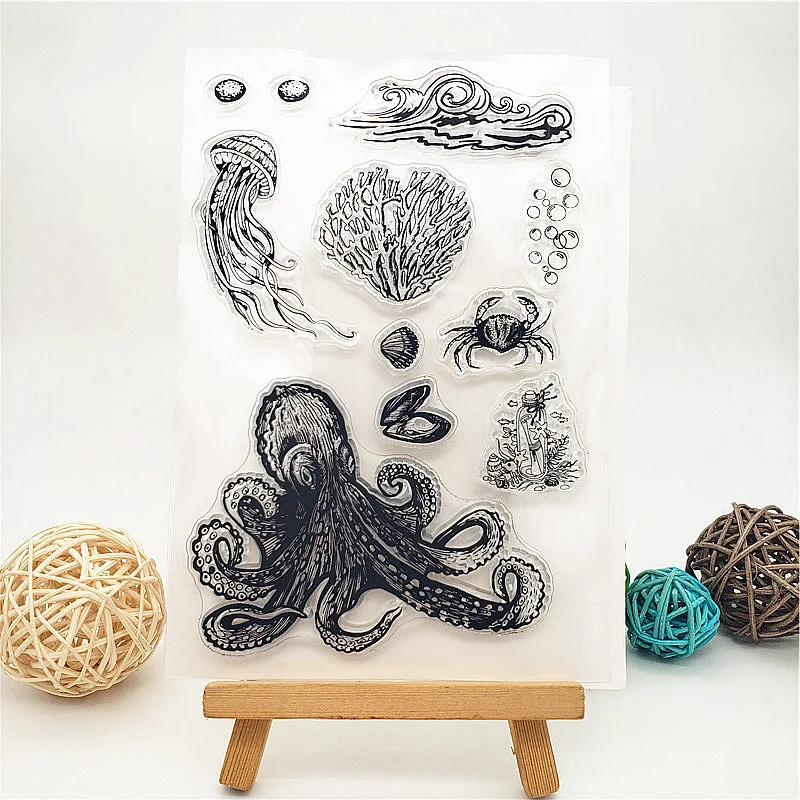 

Прозрачные штампы-осьминоги, прозрачная печать, 11x16 см, Силиконовая печать, ТПР, роликовые штампы для Хэллоуина, скрапбукинга и открыток «сд...