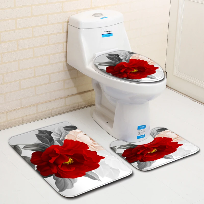 Red Flower Shower Curtain Bathroom Waterproof Set Pedestal Rug Lid Carpet Toilet Cover Bath Mat | Дом и сад