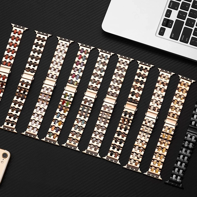 

Luxury Resin Strap +Stainless Steel for Apple Watch Band 40mm 44mm 38mm 42mm for IWatch Series 6 5 4 3 Colorful Strap Bracelet