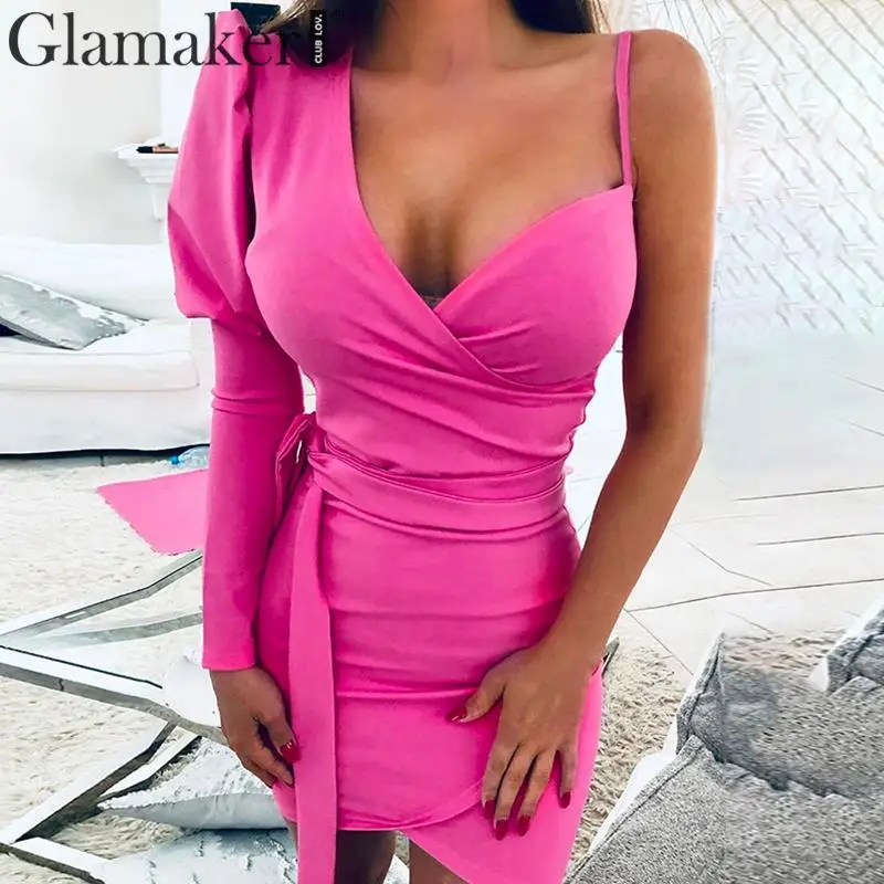 Женское трикотажное мини платье Glamaker элегантное облегающее на одно плечо с v