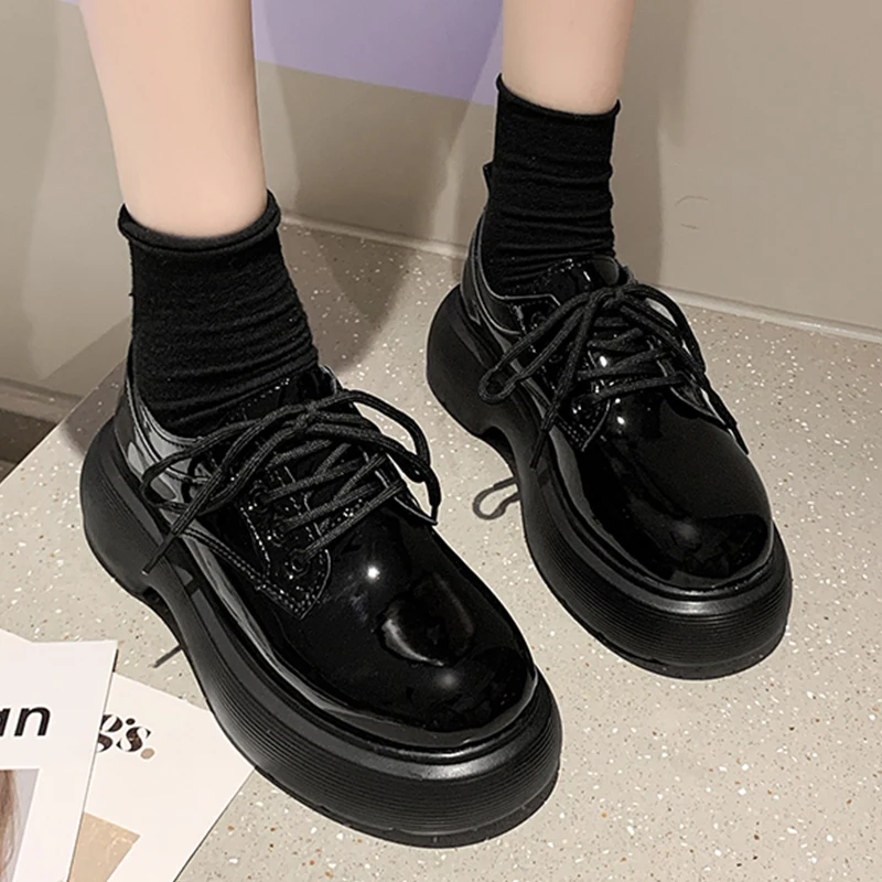 2021 Women Mary Janes Lolita Style Round Toe Casual Shoes Spring Autumn Female Platform Lace Up Shoes Ladies Loafers  Oxford