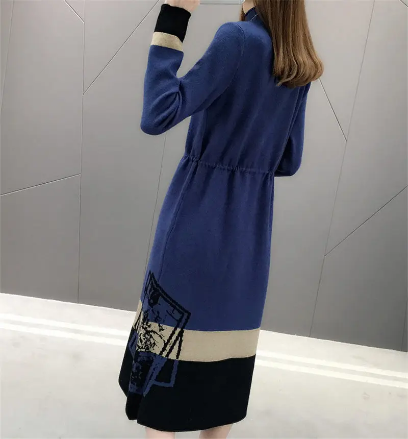 

Long Autumn and Winter 2019 New Knit Dress Female Turtleneck Loose Lace Up Patchwork Sweater Dress Print Pullover Vestidos f2309