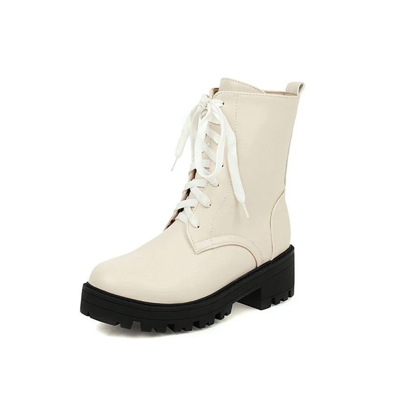 

ANNYMOLI Motorcycle Boots Woman Platform High Heel Ankle Boots Lace Up Thick Heel Short Boots Zip Ladies Shoes Black Big Size 43