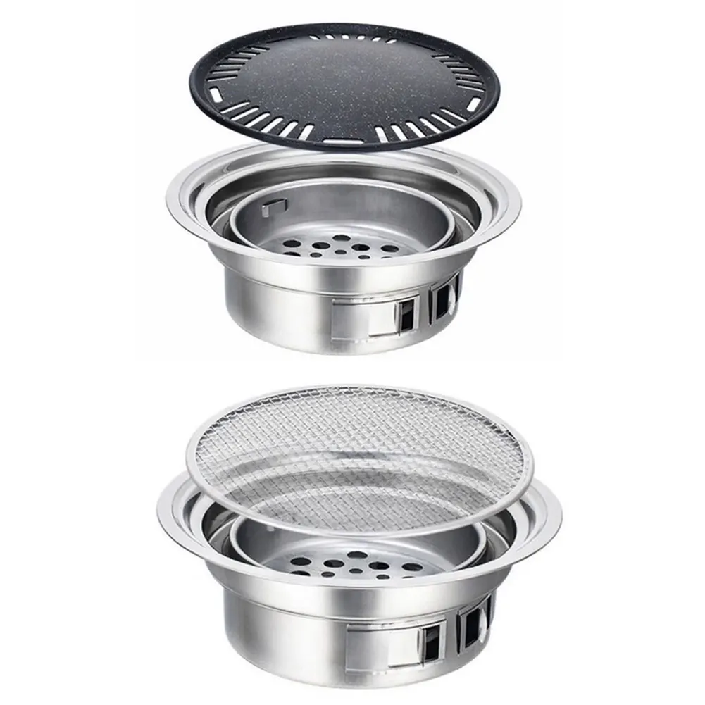 

Korean Charcoal Barbecue Grill Round Portable Household Camping Grill Stove With Non-Stick Barbecue Pan For Outdoor Camping Bbq