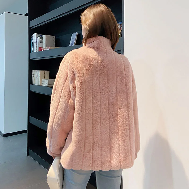2021 Casual  Furry Faux Rabbit Fur Coat Women Stand Collar Winter Plush Fur Coats Warmer Long Sleeve High Quality Woman Jacket