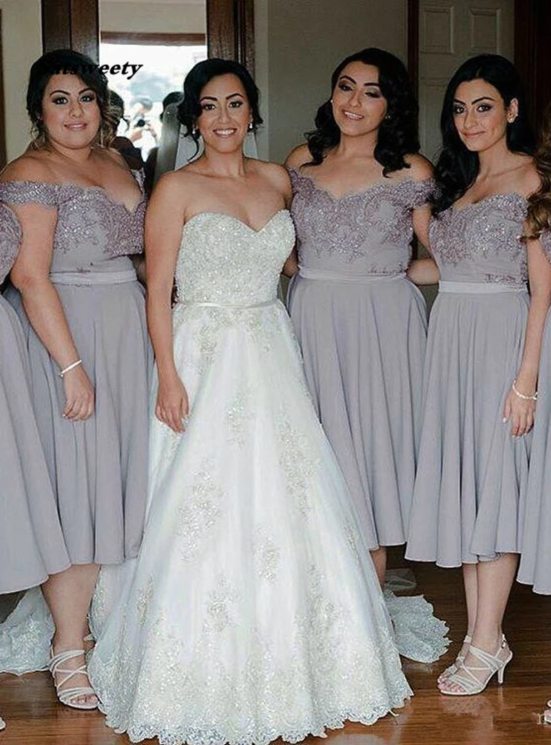 

Grey Lace Chiffon Bridesmaid Dresses Tea Length Bridesmaid Dresses Sleeveless Lace Chiffon Wedding Guest Dress