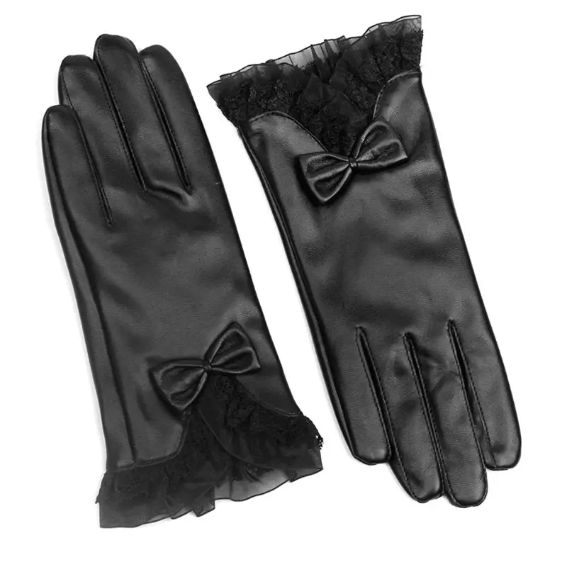 

Lady Glove Lace Bowknot Winter Warm Women Faux Leather Full Finger Ski Gloves