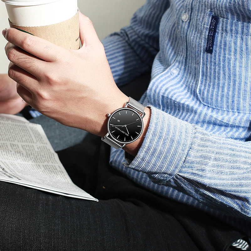 Reloj Hombre GOLDENHOUR Стильные Простые мужские часы с сетчатым стальным ремешком Мужские
