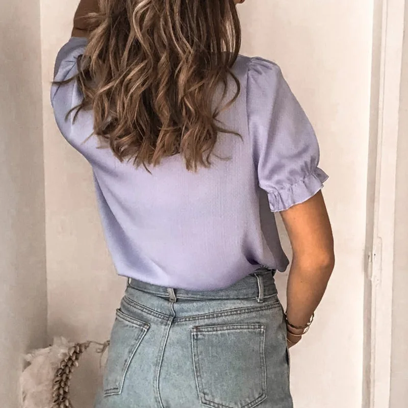 

Elegant Ruffle O Neck Women Blouses Shirts Sexy Office Ladies Button Short Sleeve Tops 2021 Fashion Hollow Out Lace Shirt Blusas