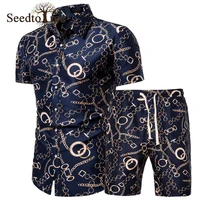 summer new mens suit short sleeved shirt shorts two piece printed shirt mens sets