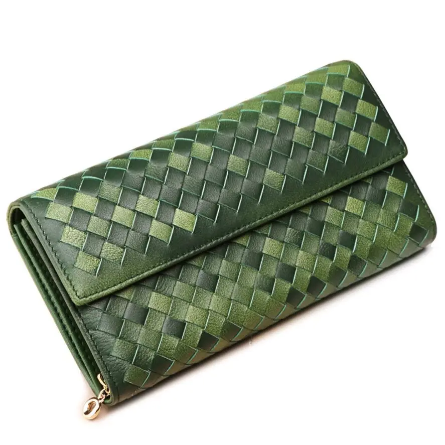 Green Кошелек из овечьей кожи, Женский Длинный кошелек из натуральной кожи, Женский кошелек, вязаный модный стиль - Цвет: Green