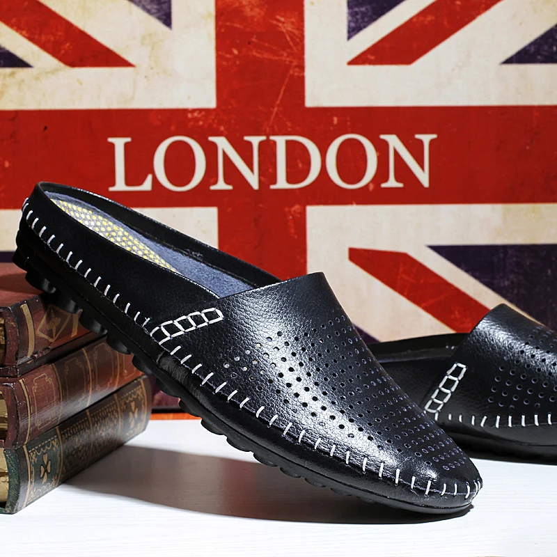 

Semi-Drag Leather Shoes Men Classic Hand Stitched Fashion Loafers Summer Casual Sandals Breathable Non-Heel Design Lazy Shoes