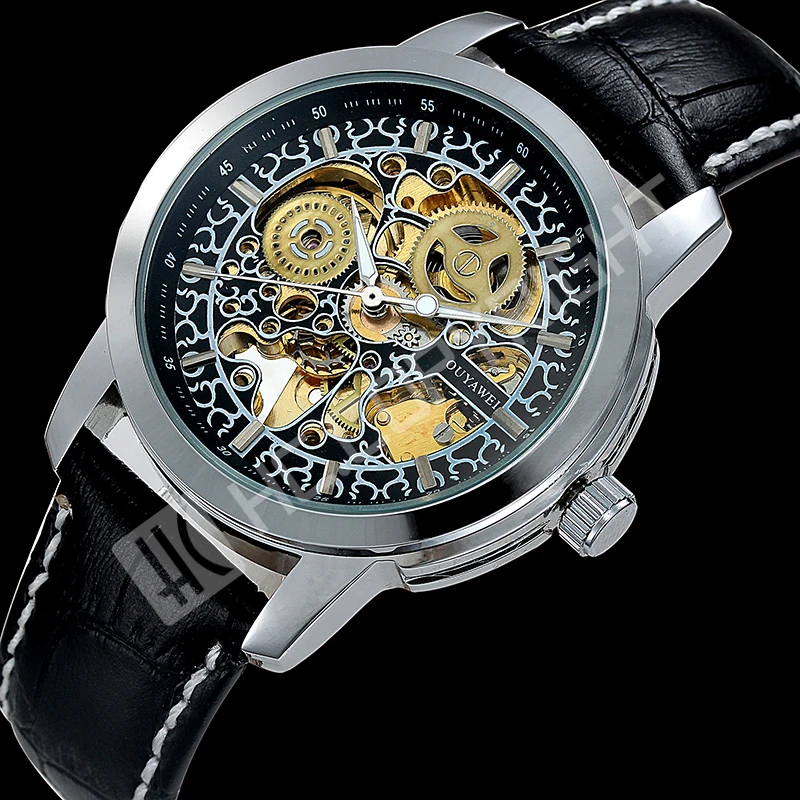 

Luxury See Through Mens Automatic Mechanical Golden Skeleton Totem Black Genuine Leather Wrist Watch Clock
